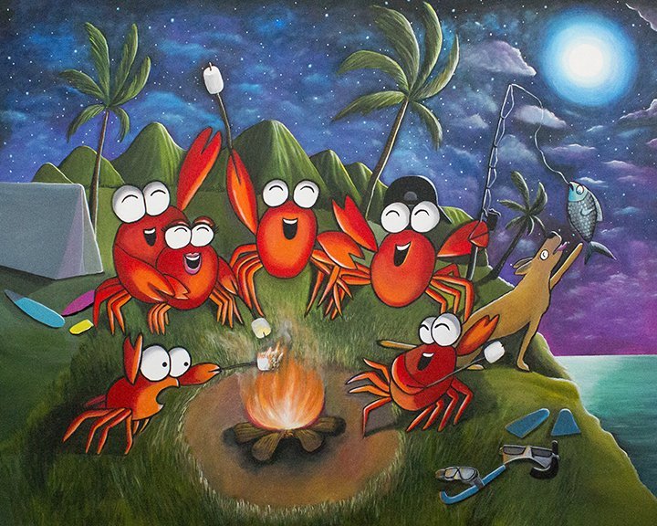 Camping Crabs Original Painting by Jan Tetsutani