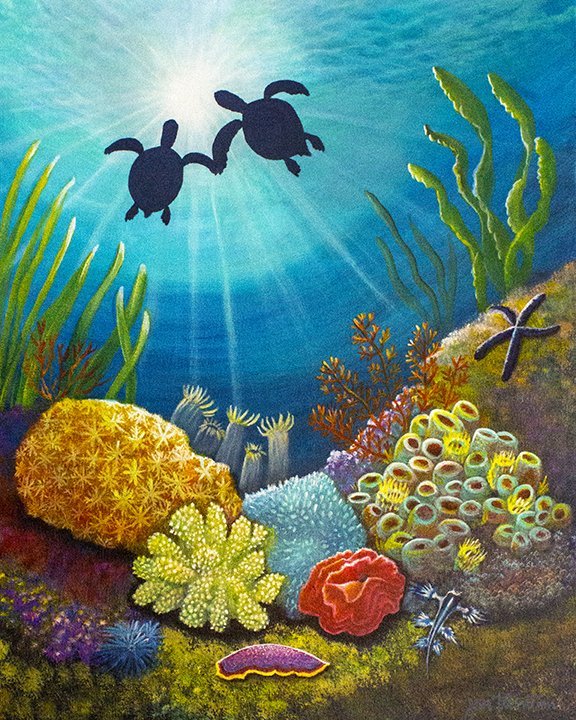 Two Turtle in Love Original Acrylic Painting by Jan Tetsutani