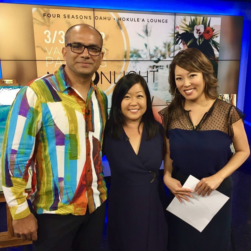 Sanjiv Hullugale, GM at Four Seasons Resort at Ko Olina with Hawaii artist Jan Tetsutani and Grace Lee from Hawaii News Now on their Sunrise Show